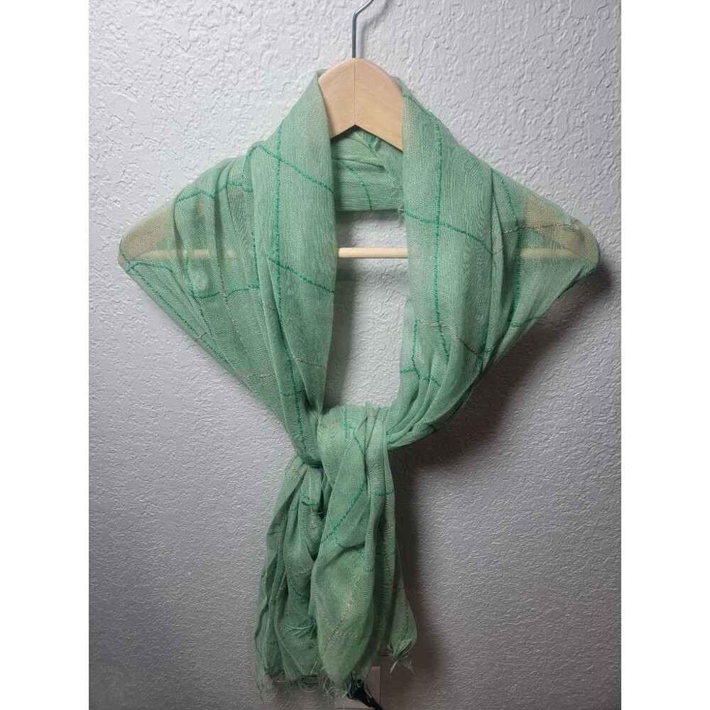 Charming Charlie Womens Scarf Mint Green Seafoam Plaid Lightweight Fringe 30x68
